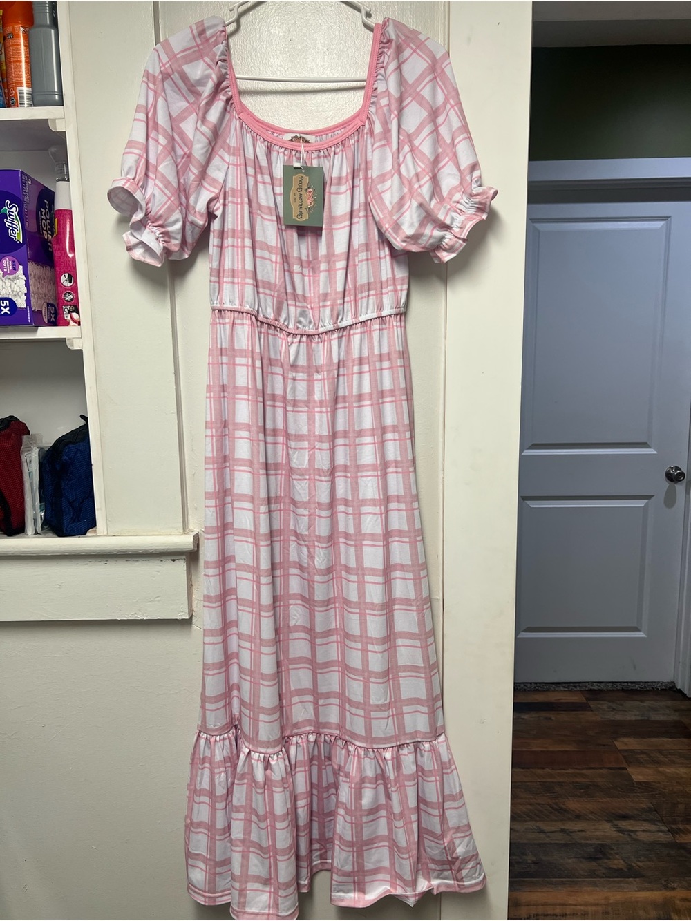 Pink Plaid Puff-Sleeve Maxi Dress